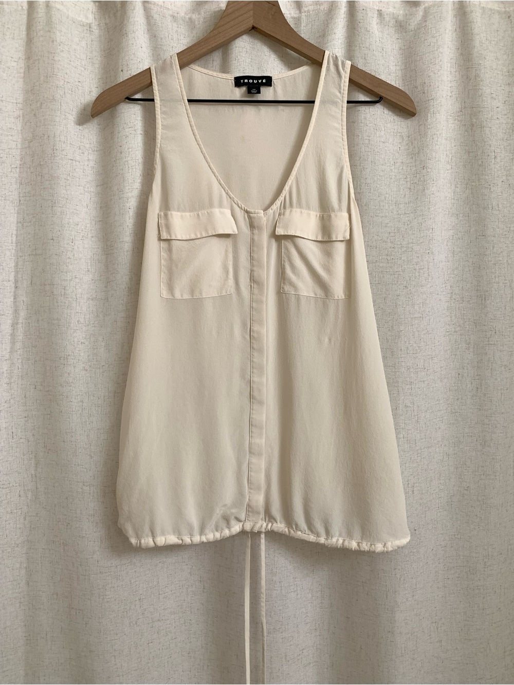 Trouve 100% Silk Cream V-Neck Front Pocket Drawstring Tank XS Relaxed Casual
